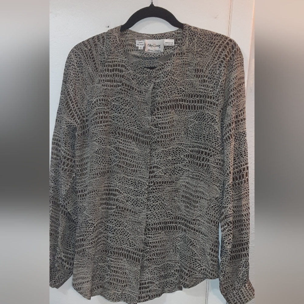 Oleg Cassini Black and Gray Patterned Blouse